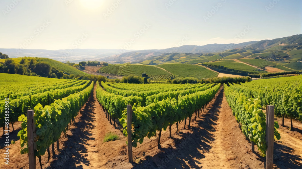 Idyllic illustration of a sun-drenched vineyard nestled in rolling hills, where grapevines stretch as far as the eye can see and the air is filled with the aroma of ripening fruit, Generative AI