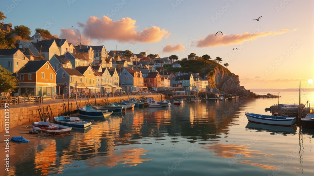 Fototapeta premium Charming painting capturing a quaint seaside village bathed in the golden light of sunset, where fishing boats bob gently in the harbor and seagulls cry out overhead, Generative AI