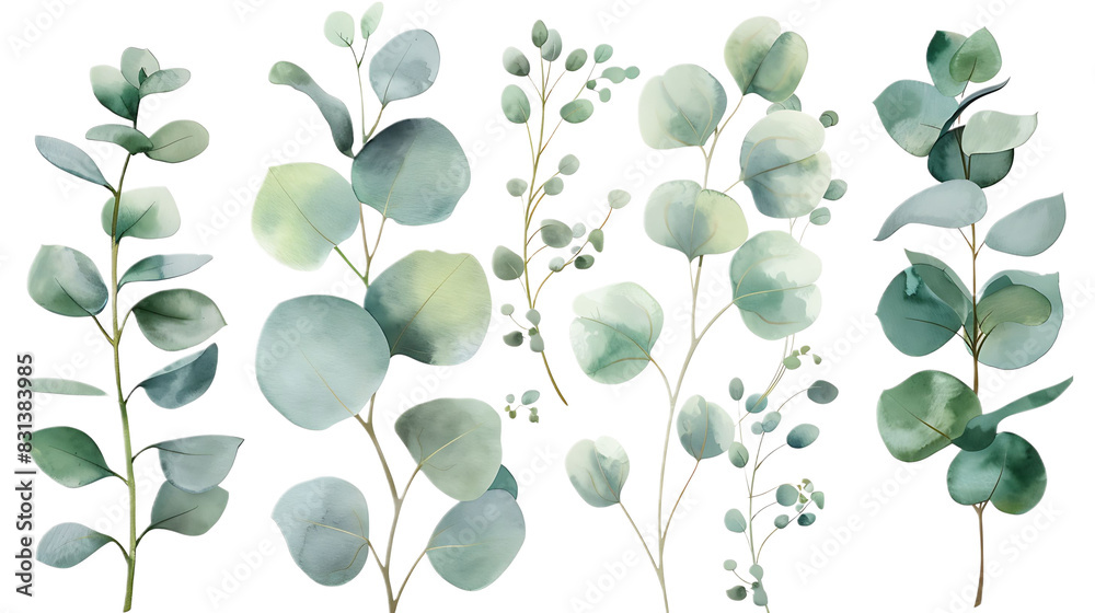 Obraz premium Watercolor leaves branch set. Hand painted eucalyptus elements isolated on transparent background. Artistic clip art
