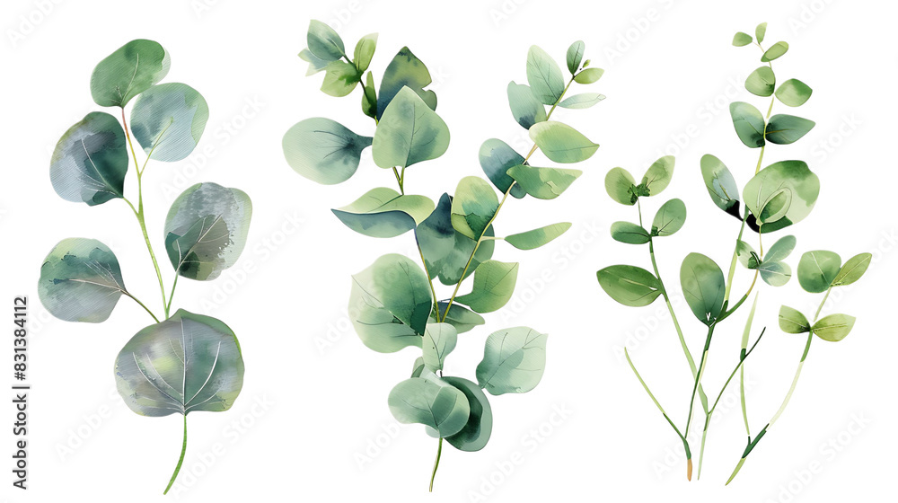 Obraz premium Watercolor leaves branch set. Hand painted eucalyptus elements isolated on transparent background. Artistic clip art