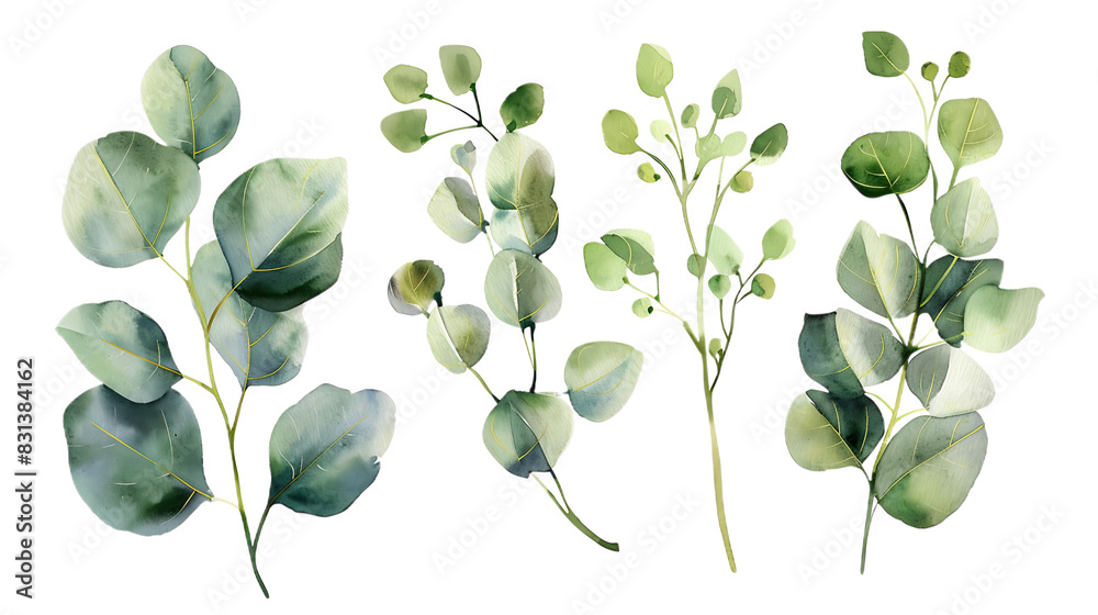 Watercolor leaves branch set. Hand painted eucalyptus elements isolated on transparent background. Artistic clip art Watercolor leaves branch set. Hand painted eucalyptus elements isolated on transparent background. Artistic clip art