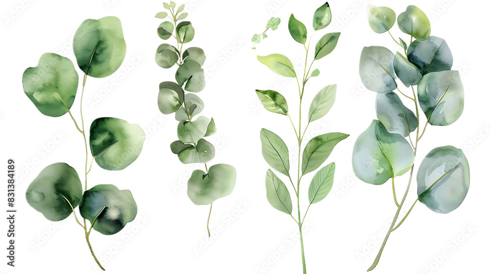Obraz premium Watercolor leaves branch set. Hand painted eucalyptus elements isolated on transparent background. Artistic clip art
