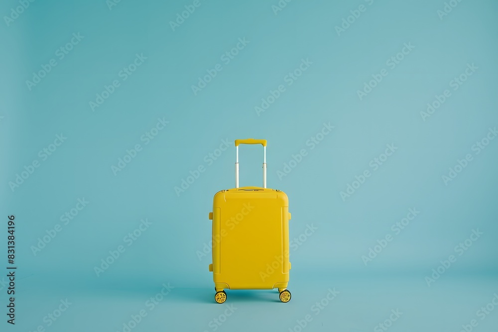 Yellow suitcase on wheels isolated on pastel blue background Yellow suitcase on wheels isolated on pastel blue background