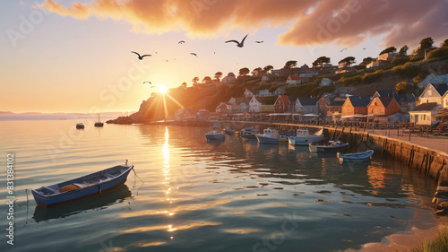 Charming painting capturing a quaint seaside village bathed in the golden light of sunset, where fishing boats bob gently in the harbor and seagulls cry out overhead, Generative AI photo