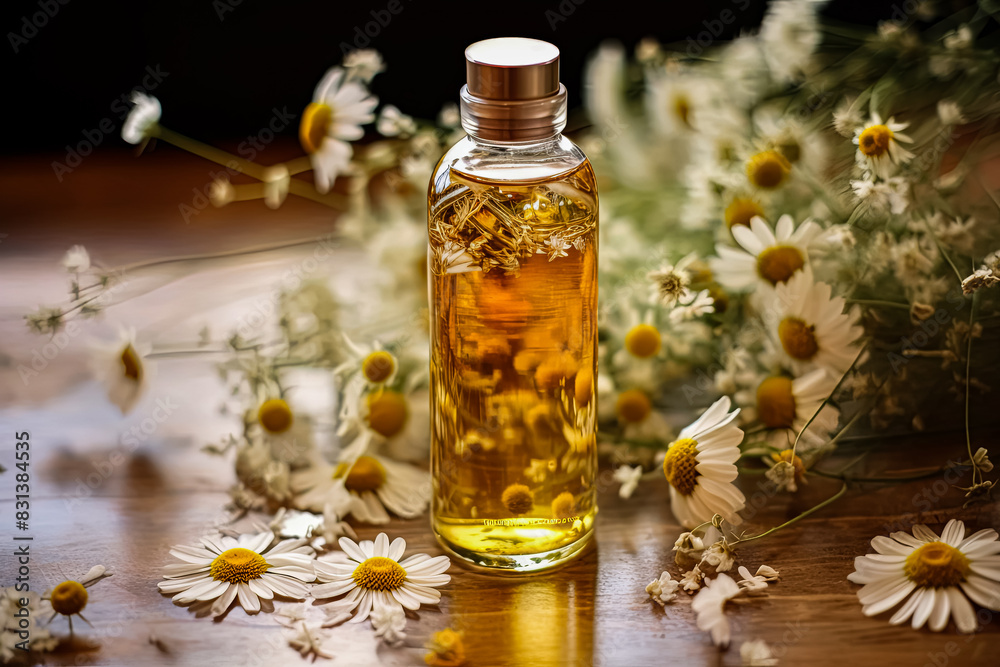 A bottle of essential oil is on a table next to a bunch of yellow flowers. A bottle of essential oil is on a table next to a bunch of yellow flowers.