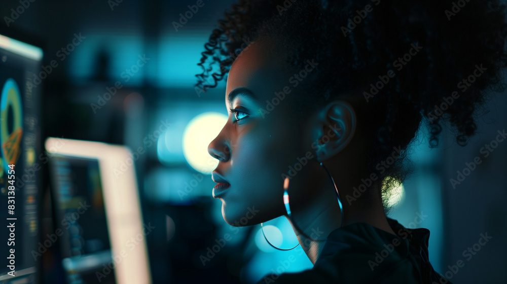 Side profile of black female IT developer working on computer in dark office, created with Generative AI. African american cyber security analyst detecting artificial intelligence threats Side profile of black female IT developer working on computer in dark office, created with Generative AI. African american cyber security analyst detecting artificial intelligence threats