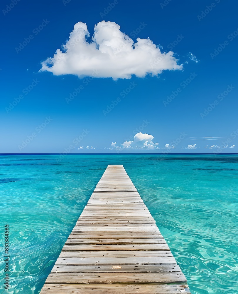 Fototapeta premium Long Wooden Pier Extending Over Clear Turquoise Ocean
