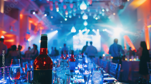 Sophisticated dinner party with colorful lighting, bottled drinks, and vibrant atmosphere