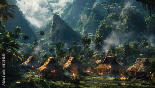 Fototapeta Naklejka Na Ścianę i Meble -  A wild jungle scene with a hidden tribal village, huts made of natural materials and smoke rising from fires, cultural and vibrant, photorealistic style,