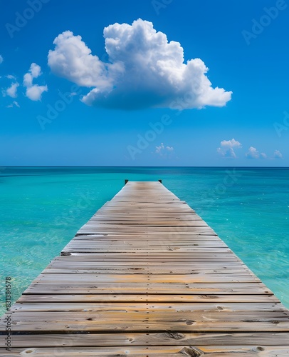 Long wooden pier over turquoise ocean under blue sky