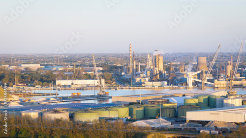Aerial view of the industrial and port area of Ravenna  chemical and petrochemical pole thermoelectric metallurgical plants and hydrocarbon refinery and liquefied natural gas tanks