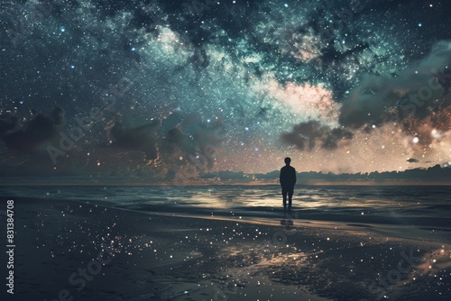 a man alone at a beach at night on the sea shore looking at the sky full of stars photo