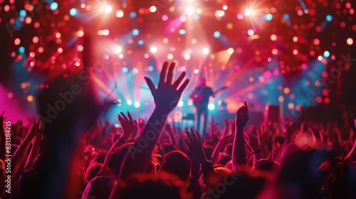 Vibrant music festival with audience raising their hands in excitement under colorful stage lights. Dynamic concert atmosphere.