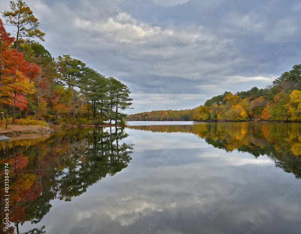 Autumn landscape featuring the reflection of trees in a lake under a cloudy sky Autumn landscape featuring the reflection of trees in a lake under a cloudy sky