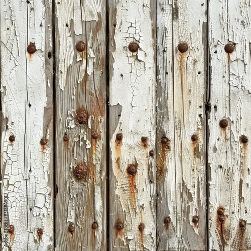 Wallpaper Mural Close-up of a weathered wooden fence with peeling white paint and rusty nails. Rough texture and a sense of rustic charm. Torontodigital.ca