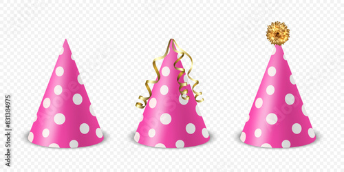 Vector 3d Realistic Pink and White Birthday Party Hat Icon Set Isolated. Party Cap Design Template for Party Banner, Greeting Card. Holiday Hats, Cone Shape, Front View