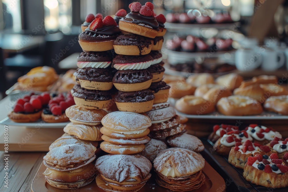 Gourmet dessert display with a variety of cakes, pastries, and cookies, creating a delectable and inviting spread