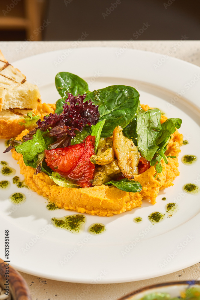 Delicious Sweet Potato Purée and Hummus with Roasted Vegetables - Healthy and Colorful Plant-Based Dish Delicious Sweet Potato Purée and Hummus with Roasted Vegetables - Healthy and Colorful Plant-Based Dish
