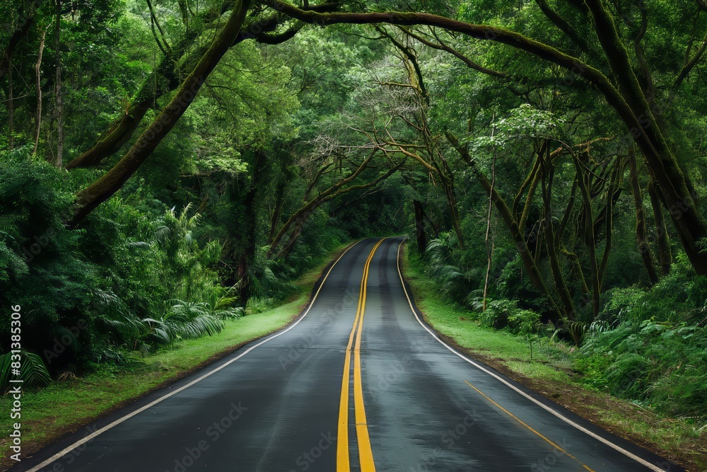 Scenic Road Lined with Lush Green Trees: Yellow Lines Reflecting Light and Shadows for Luxurious Atmosphere Scenic Road Lined with Lush Green Trees: Yellow Lines Reflecting Light and Shadows for Luxurious Atmosphere
