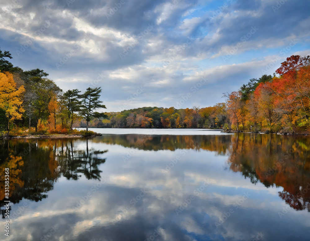 Fototapeta premium Autumn landscape featuring the reflection of trees in a lake under a cloudy sky