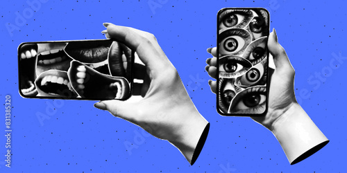 Halftone collage. A hand holds a smartphone on the screen of which there are many eyes and mouths. Social media concept.