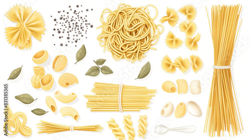 Flat art featuring various types of pasta and spaghetti. The scene is depicted in a simple and clean style