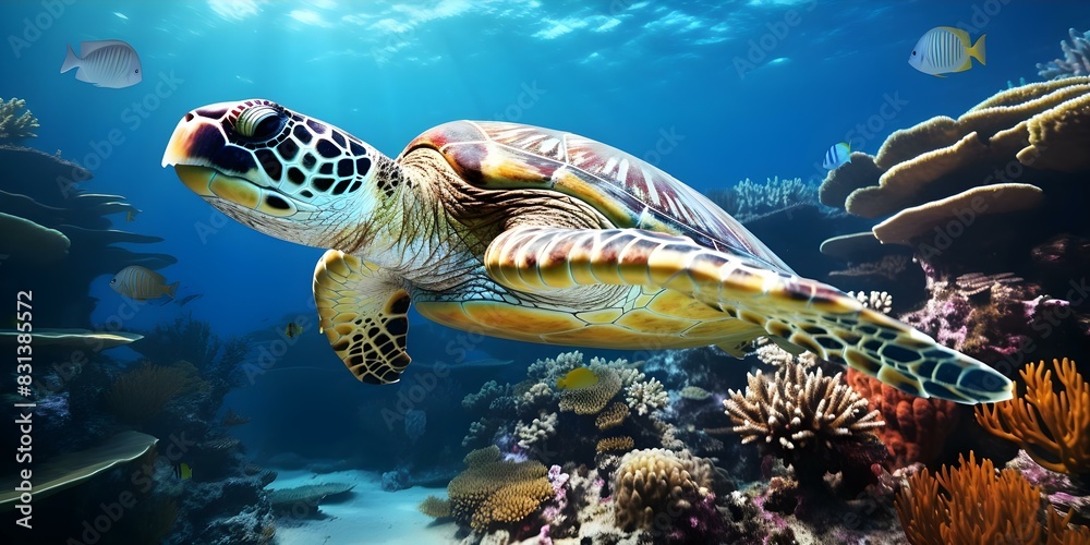 Hawksbill Turtle (Eretmochelys imbricata) Feeding on Coral Reef in its Natural Habitat. Concept Marine Life, Endangered Species, Coral Reef, Wildlife Conservation, Ecosystems