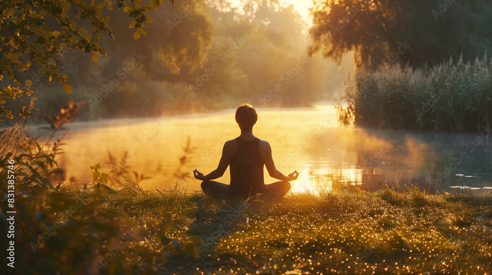 A man sits in lotus posture and meditates in the sunrise sunlight in a meadow by the water. The concept of concentration, harmony, tranquility, mental health. A man sits in lotus posture and meditates in the sunrise sunlight in a meadow by the water. The concept of concentration, harmony, tranquility, mental health.
