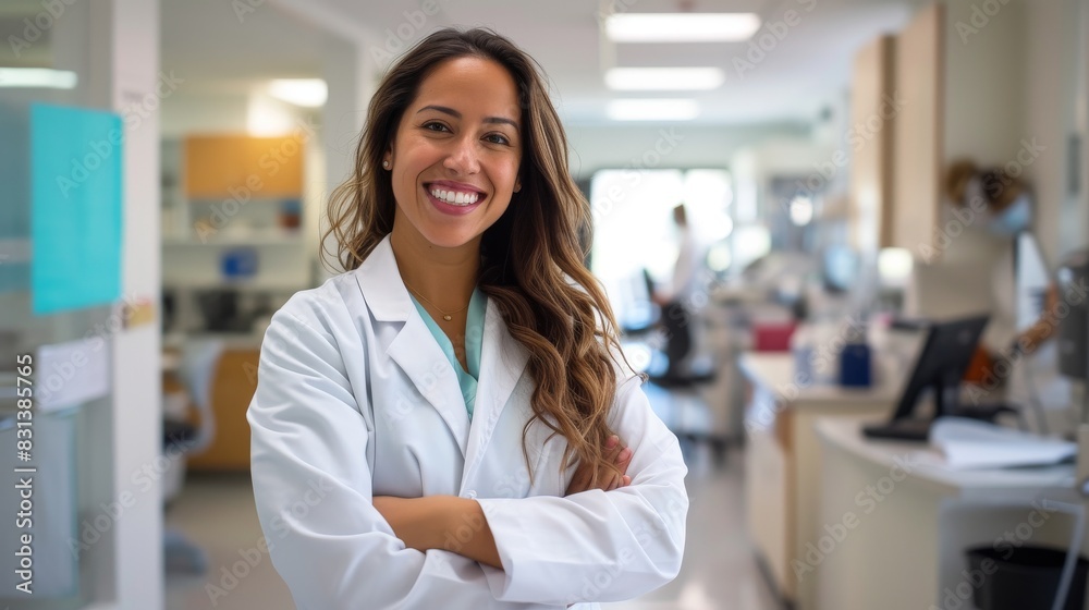 Confident female doctor in a lab coat standing in a bright, modern medical office with her arms crossed Confident female doctor in a lab coat standing in a bright, modern medical office with her arms crossed