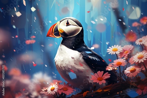 Contemporary puffin illustration set against an intricate and captivating geometric background