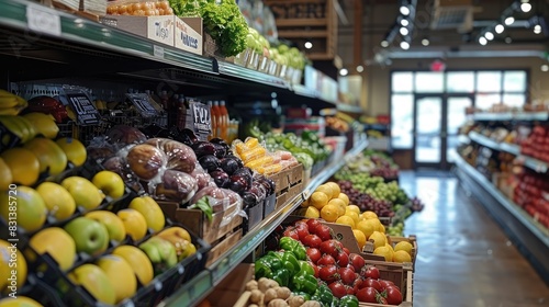 Well-organized grocery store aisle filled with a variety of fresh fruits and vegetables, showcasing vibrant colors and inviting customers to choose healthy options.