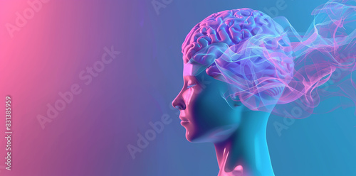 Abstract female head profile with brain and organic shapes on a colorful background photo