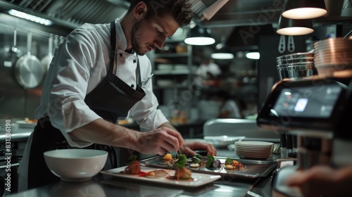 A man is busy preparing food in a bustling commercial kitchen, surrounded by stainless steel appliances and various ingredients.