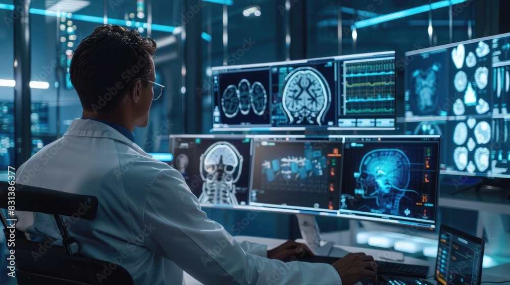 AI health diagnostics interface being used by a doctor in a clinic, futuristic medical technology.