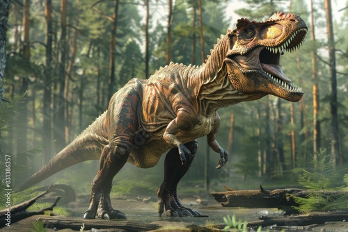 Lifelike cgi tyrannosaurus rex roars amidst a dense, misty, ancient forest