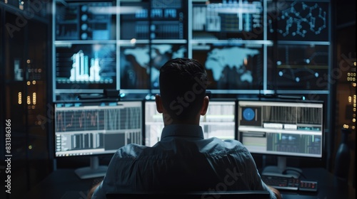 AI cybersecurity expert monitoring data on multiple screens, intense focus, dark and moody room.
