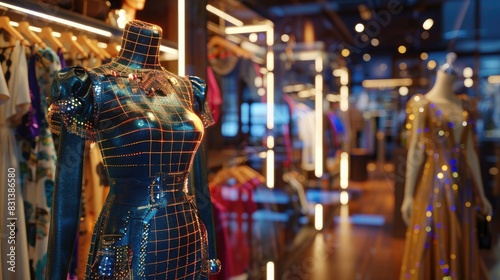 AI-driven fashion tech advising on style based on personal data, in a chic boutique. photo