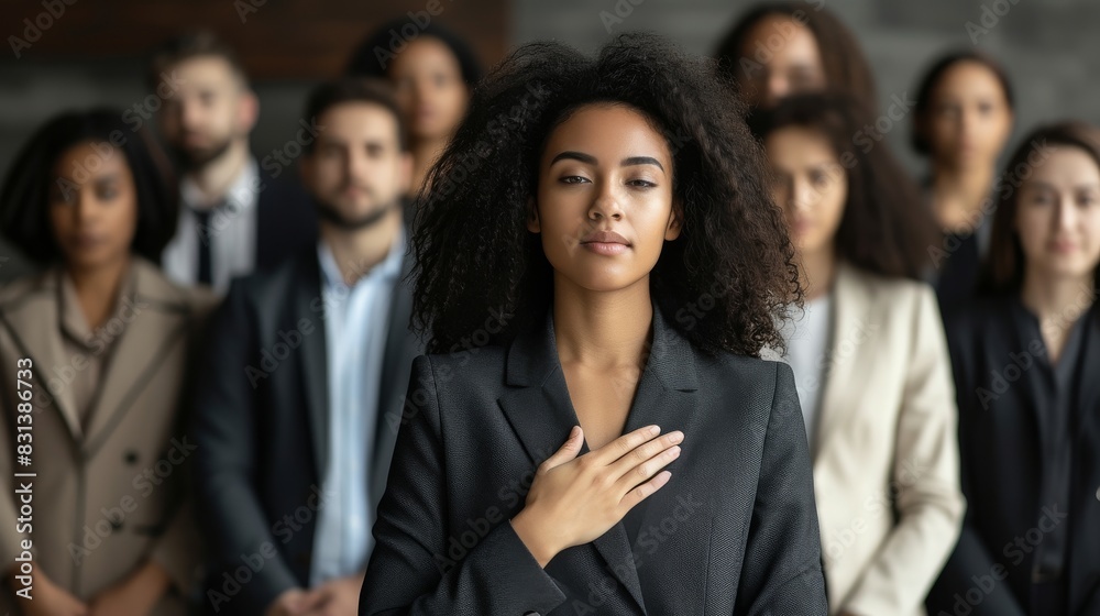 Confident businesswoman taking an oath with her hand on her heart, surrounded by a group of diverse professionals Confident businesswoman taking an oath with her hand on her heart, surrounded by a group of diverse professionals