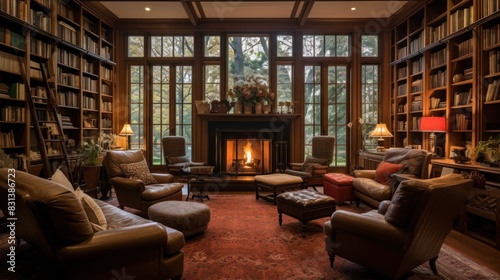 home with a library that is filled with books  comfortable chairs  and a fireplace
