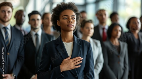 Confident businesswoman taking an oath with her hand on her heart, surrounded by a group of diverse professionals photo