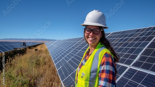 Female engineer wearing a hard hat and safety vest, smiling proudly while standing amidst a field of solar panels © AlfaSmart