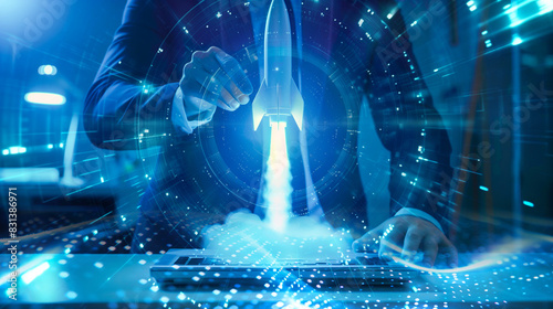 Businessman launching rocket with digital hologram