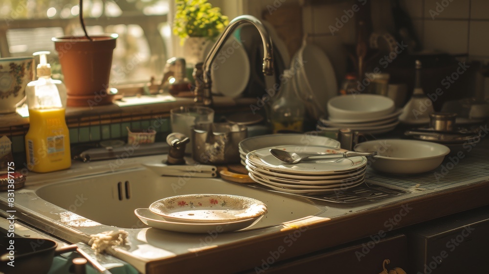 Close-up of a kitchen sink filled with dirty dishes, greasy pans, and scattered food particles Close-up of a kitchen sink filled with dirty dishes, greasy pans, and scattered food particles