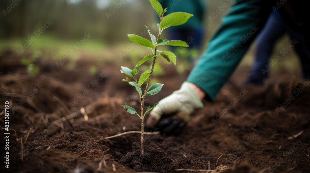 planting trees in a deforested area, with a new sapling in their hands planting trees in a deforested area, with a new sapling in their hands
