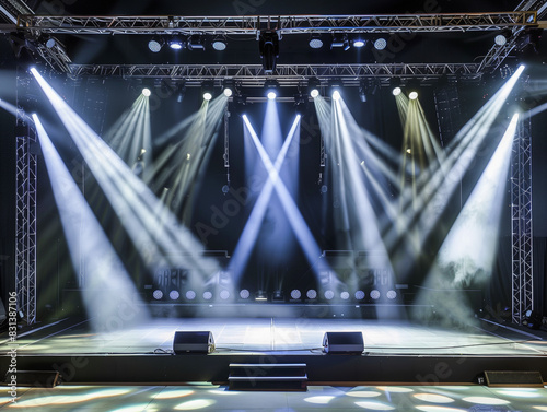 Empty stage with spotlights and sound equipment