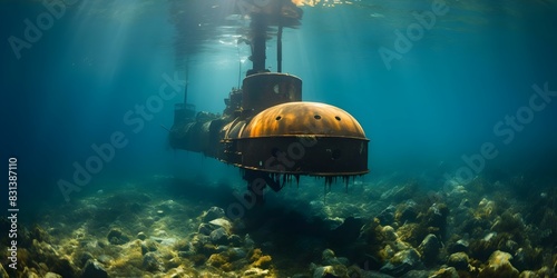Propeller rudder of a large ship underwater captured in close-up shot. Concept Underwater Photography, Shipwreck Exploration, Close-Up Shots, Nautical Structures photo