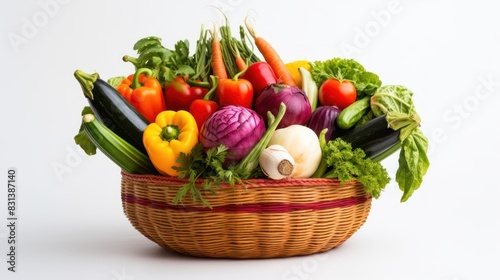  fresh vegetables overflowing from a woven basket on a white background 