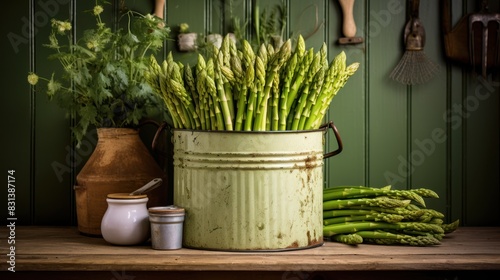 vintage enamel bucket brimming with crisp  vibrant green asparagus spears  