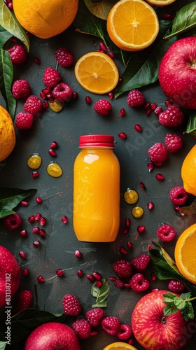 Jar of Orange Juice Surrounded by Fruit