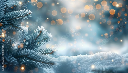 Pure snow and frosted spruce branches beautiful winter background, twinkling bokeh Christmas lights and ample space for text. Frosty scenery, Christmas decoration, winter landscape © Na ZIm